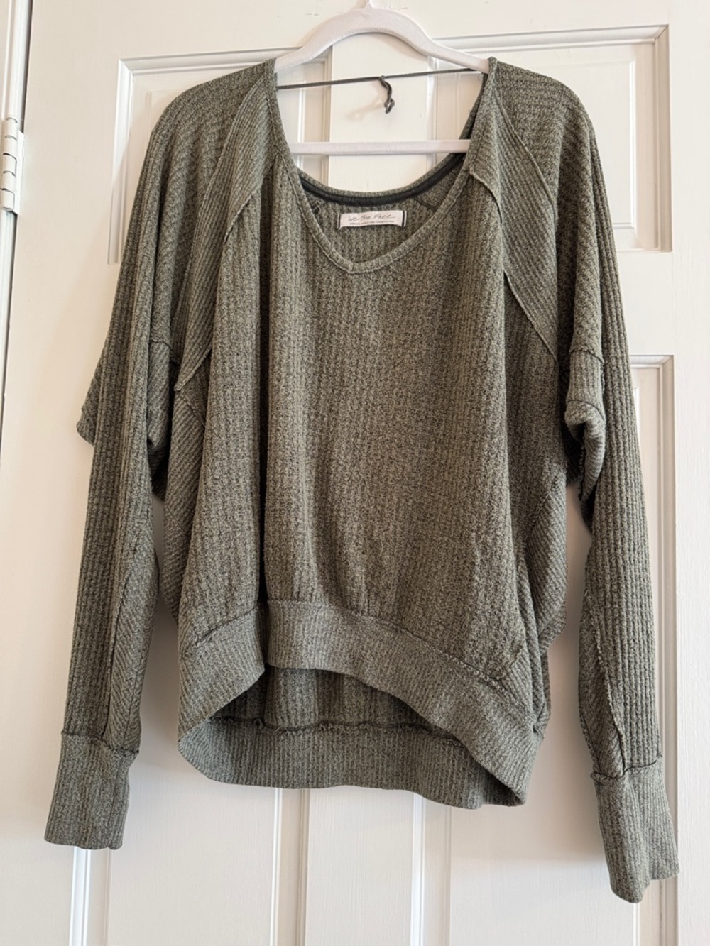 We The Free Olive Green Waffle-Knit V-Neck Long Sleeve Top